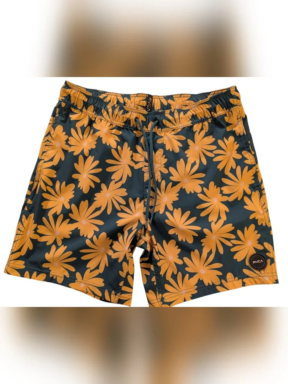 RVCA Swim Trunks Mens Medium Green Yellow Floral Daisy Boardshorts Shorts M